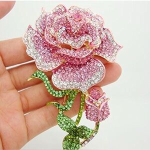 Rhinestone Rose Flower Brooch – Pink & Green Crystals